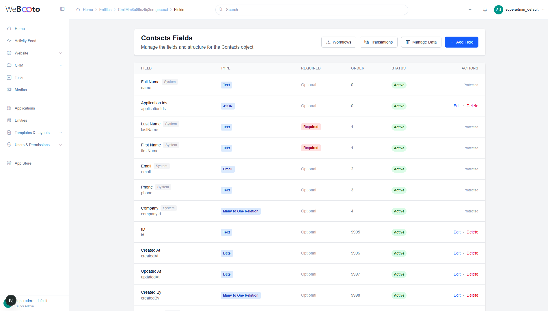 Webooto Entity Fields